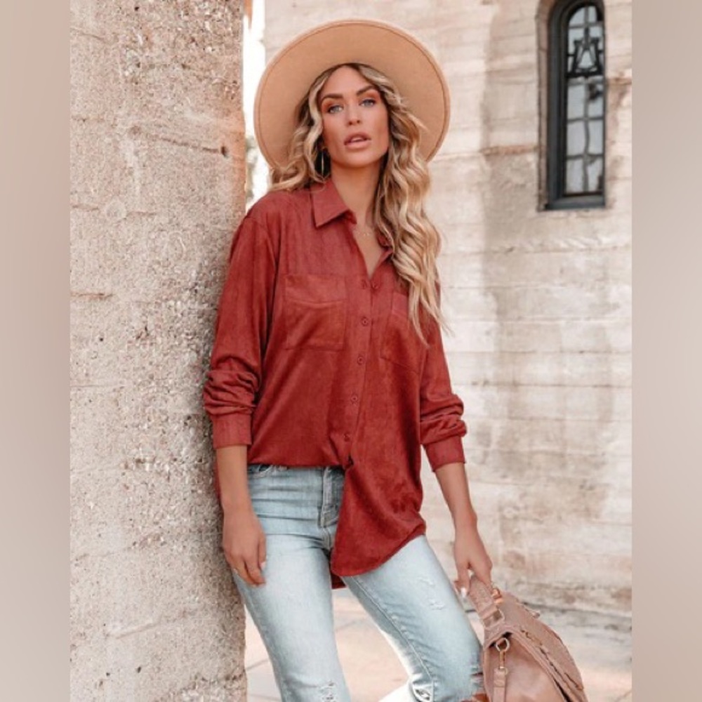 Oversized Faux Suede Button Down Top XS